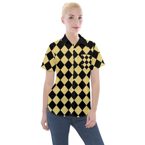 Block Fiesta Black And Mellow Yellow Women s Short Sleeve Pocket Shirt by FashionBoulevard