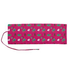 Green Elephant Pattern Hot Pink Roll Up Canvas Pencil Holder (m) by snowwhitegirl