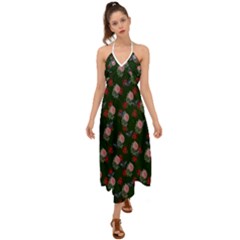 Dark Floral Butterfly Green Halter Tie Back Dress  by snowwhitegirl