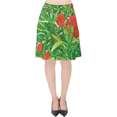 Red Flowers And Green Plants At Outdoor Garden Velvet High Waist Skirt by dflcprintsclothing