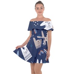 Colorful Cute Cats Seamless Pattern Off Shoulder Velour Dress by Vaneshart