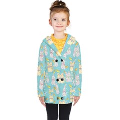 Vector Seamless Pattern With Colorful Cats Fish Kids  Double Breasted Button Coat by Vaneshart
