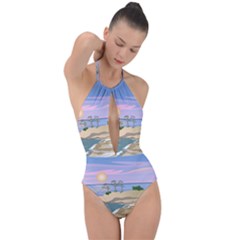 Vacation Island Sunset Sunrise Plunge Cut Halter Swimsuit by Wegoenart