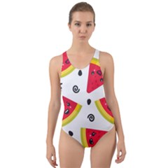 Cute Smiling Watermelon Seamless Pattern White Background Cut-out Back One Piece Swimsuit by Nexatart