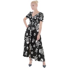 Skull Crossbones Seamless Pattern Holiday Halloween Wallpaper Wrapping Packing Backdrop Button Up Short Sleeve Maxi Dress by Nexatart