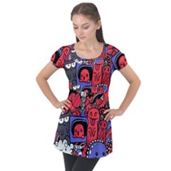 Abstract Grunge Urban Pattern With Monster Character Super Drawing Graffiti Style Vector Illustratio Puff Sleeve Tunic Top by Nexatart
