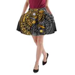 Yin Yang Owl Doodle Ornament Illustration A-line Pocket Skirt by Vaneshart