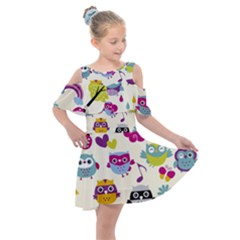 Funny Colorful Owls Kids  Shoulder Cutout Chiffon Dress by Vaneshart