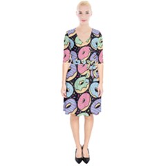 Colorful Donut Seamless Pattern On Black Vector Wrap Up Cocktail Dress by Sobalvarro