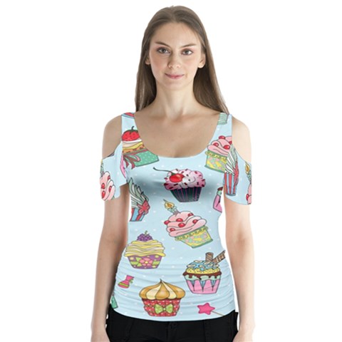 Cupcake Doodle Pattern Butterfly Sleeve Cutout Tee  by Sobalvarro