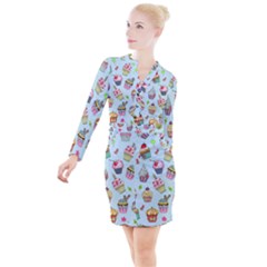 Cupcake Doodle Pattern Button Long Sleeve Dress by Sobalvarro