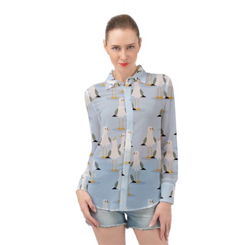 Cute Seagulls Seamless Pattern Light Blue Background Long Sleeve Chiffon Shirt by Wegoenart