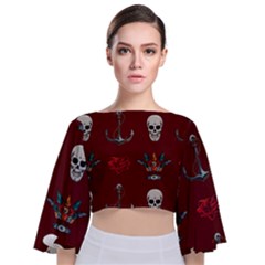 Tattoo Old School Background Pattern Tie Back Butterfly Sleeve Chiffon Top by Wegoenart