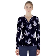 Crane Pattern V-neck Long Sleeve Top by Wegoenart