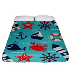 Seamless Pattern Nautical Icons Cartoon Style Fitted Sheet (queen Size) by Wegoenart