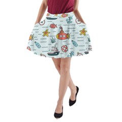 Cartoon Nautical Seamless Background A-line Pocket Skirt by Wegoenart