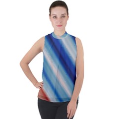 Blue White Mock Neck Chiffon Sleeveless Top by Sparkle