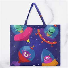 Cartoon Funny Aliens With Ufo Duck Starry Sky Set Zipper Large Tote Bag by Vaneshart