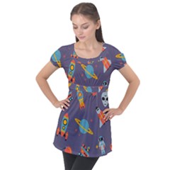 Space Seamless Pattern Puff Sleeve Tunic Top by Vaneshart