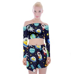 Space Seamless Pattern Off Shoulder Top With Mini Skirt Set by Vaneshart
