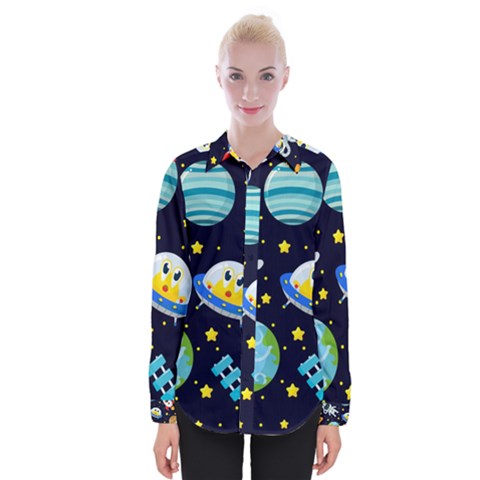 Space Seamless Pattern Womens Long Sleeve Shirt by Vaneshart