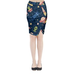 Seamless Pattern With Funny Aliens Cat Galaxy Midi Wrap Pencil Skirt by Vaneshart