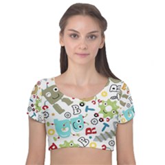 Seamless Pattern Vector With Funny Robots Cartoon Velvet Short Sleeve Crop Top  by Vaneshart