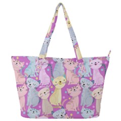 Colorful Cute Cat Seamless Pattern Purple Background Full Print Shoulder Bag by Vaneshart