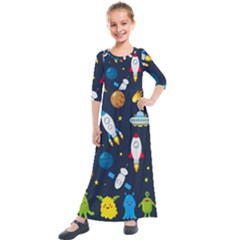 Big Set Cute Astronauts Space Planets Stars Aliens Rockets Ufo Constellations Satellite Moon Rover V Kids  Quarter Sleeve Maxi Dress by Vaneshart
