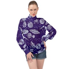 Space Sketch Seamless Pattern High Neck Long Sleeve Chiffon Top by Vaneshart