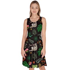 Floral Pattern With Plants Sloth Flowers Black Backdrop Knee Length Skater Dress With Pockets by Vaneshart