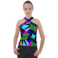 Trippy Blocks, Dotted Geometric Pattern Cross Neck Velour Top by Casemiro