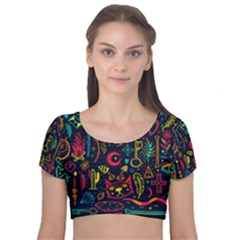 Sketch-graphic-illustration Velvet Short Sleeve Crop Top  by Vaneshart