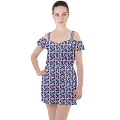 Goth Girl In Blue Dress Lilac Pattern Ruffle Cut Out Chiffon Playsuit by snowwhitegirl