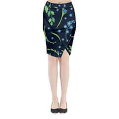 Abstract Wildflowers Dark Blue Background-blue Flowers Blossoms Flat Retro Seamless Pattern Daisy Midi Wrap Pencil Skirt by BangZart