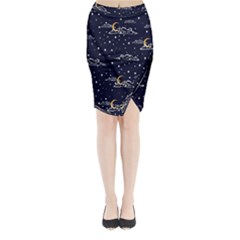 Hand Drawn Scratch Style Night Sky With Moon Cloud Space Among Stars Seamless Pattern Vector Design  Midi Wrap Pencil Skirt by BangZart