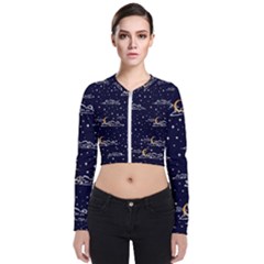 Hand Drawn Scratch Style Night Sky With Moon Cloud Space Among Stars Seamless Pattern Vector Design  Long Sleeve Zip Up Bomber Jacket by BangZart