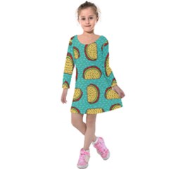 Taco Drawing Background Mexican Fast Food Pattern Kids  Long Sleeve Velvet Dress by BangZart