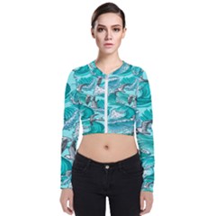 Sea Waves Seamless Pattern Long Sleeve Zip Up Bomber Jacket by BangZart