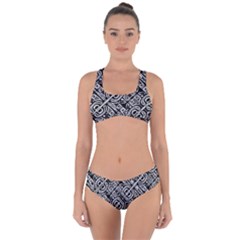 Linear Black And White Ethnic Print Criss Cross Bikini Set by dflcprintsclothing
