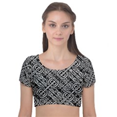Linear Black And White Ethnic Print Velvet Short Sleeve Crop Top  by dflcprintsclothing