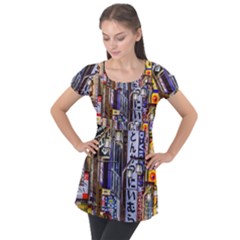 Shinjuku District Urban Night Scene, Tokyo Japan Puff Sleeve Tunic Top by dflcprintsclothing