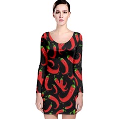 Seamless Vector Pattern Hot Red Chili Papper Black Background Long Sleeve Velvet Bodycon Dress by BangZart