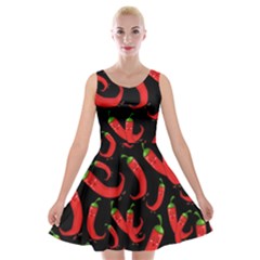Seamless Vector Pattern Hot Red Chili Papper Black Background Velvet Skater Dress by BangZart