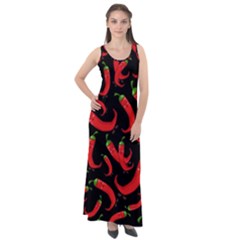 Seamless Vector Pattern Hot Red Chili Papper Black Background Sleeveless Velour Maxi Dress by BangZart