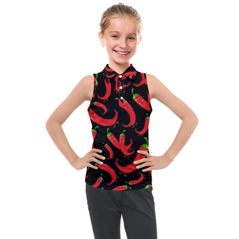 Seamless Vector Pattern Hot Red Chili Papper Black Background Kids  Sleeveless Polo Tee by BangZart