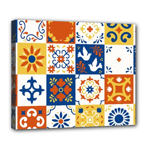 Mexican Talavera Pattern Ceramic Tiles With Flower Leaves Bird Ornaments Traditional Majolica Style Deluxe Canvas 24  X 20  (stretched) by BangZart