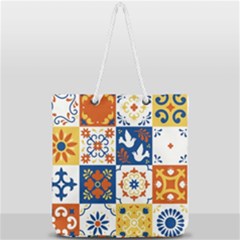 Mexican Talavera Pattern Ceramic Tiles With Flower Leaves Bird Ornaments Traditional Majolica Style Full Print Rope Handle Tote (large) by BangZart