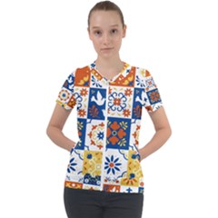 Mexican Talavera Pattern Ceramic Tiles With Flower Leaves Bird Ornaments Traditional Majolica Style Short Sleeve Zip Up Jacket by BangZart