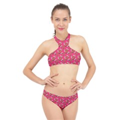 Clown Ghost Pattern Pink High Neck Bikini Set by snowwhitegirl